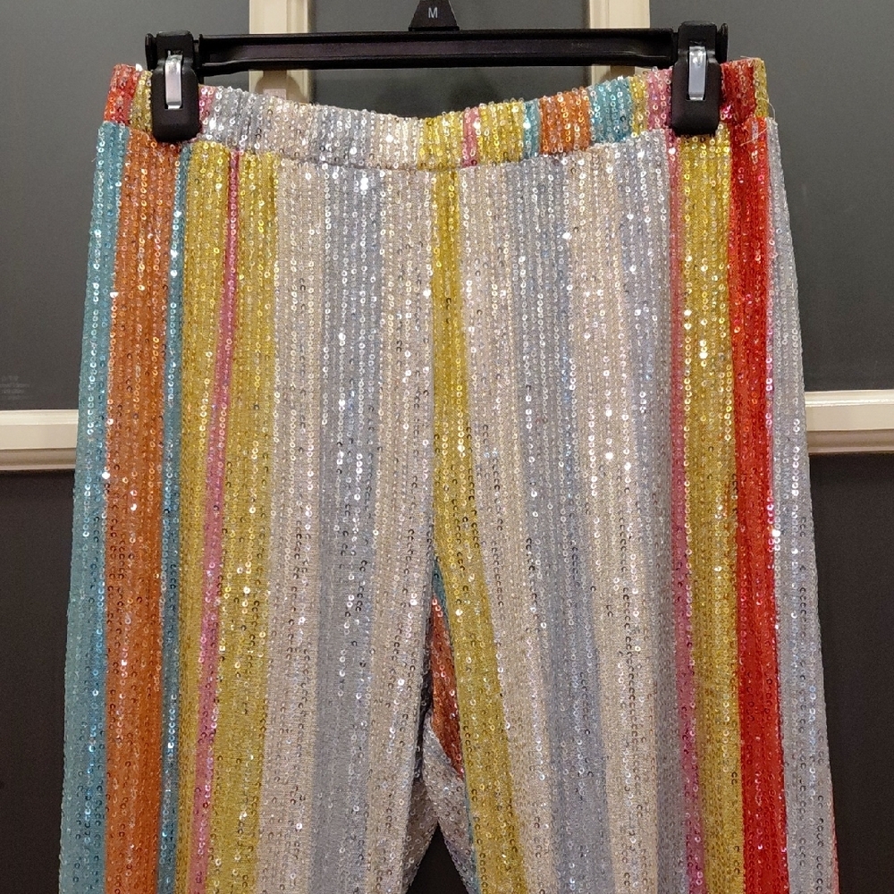 Multicolor Sequin Stripe Wide-Leg Pants - Picture 2 of 7